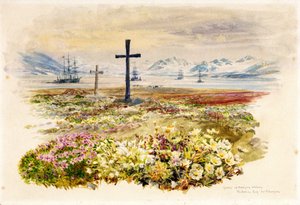 サーチ・ベイ（オーストラリア、タスマニア州、リサーチ・ベイ）、花壇に植えられた2本の十字架と遠くに見える船。水彩画 作： ウィリアムライオネルワイリー