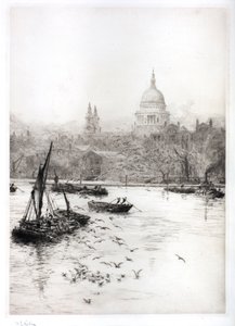 セント・ポール下の海運とカモメ（水彩画） 作： William Lionel Wyllie
