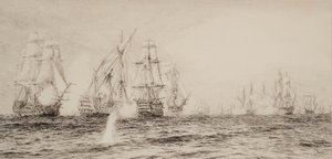 戦闘中の 4 本マストの船 作： William Lionel Wyllie