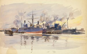 港に停泊する商船のスケッチ、19世紀後半から20世紀初頭（水彩画） 作： William Lionel Wyllie