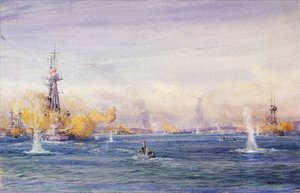ガリポリ作戦中のダーダネルス海峡の戦い（1915年）（トルコ）、マルマラ海。ウィリアム・ライオネル・ウィリー（1851-1931）による1915年頃の水彩画。
