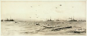 スカパに籠城するドイツ公海艦隊、1918年頃（ウォッシュ、グレー、白で強調） 作： William Lionel Wyllie