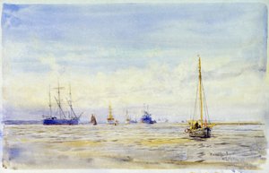 ハンブル川（イギリス）とボート遊び。ウィリアム・ライオネル・ウィリー（1851-1931）の水彩画、19世紀後半。 作： William Lionel Wyllie