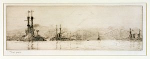 ロサイス沖の米戦艦「ニューヨーク」と「テキサス」、1918年頃（エッチング、黒鉛タッチ） 作： William Lionel Wyllie