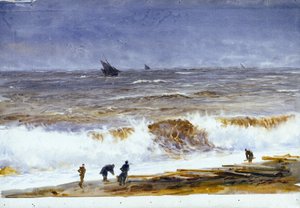 ベルク・シュル・メール（Berck-sur-Mer）（フランス）の浜辺、波立つ海と浜辺の人物。ウィリアム・ライオネル・ウィリー（1851-1931）による水彩画、1890年以降。