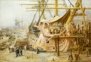 ポーツマス（イギリス）のドック水域にあるHMS「ヴィクトリー」の修復。トラファルガー（1805年）の戦勝記念艦を保存するため、国を挙げての大規模な資金調達作戦が開始された後、1925年4月に海に戻された。 作： William Lionel Wyllie
