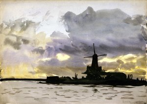 アムステルダム（オランダ）の北、ザーンダムにある風車。水彩画 作： William Lionel Wyllie
