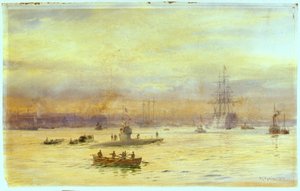 ゴスポート側の港を見上げると、潜水艦が入港しており、その先にも別の潜水艦がいる。 作： William Lionel Wyllie