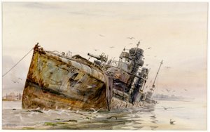 噴水湖のV82ドイツ駆逐艦」1920-22年頃（水彩画） 作： William Lionel Wyllie