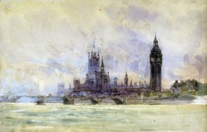 ロンドン（イギリス）のウェストミンスター橋、国会議事堂、ビッグ・ベン。ウィリアム・ライオネル・ウィリー（1851-1931）による水彩画、19世紀後半から20世紀初頭。 作： William Lionel Wyllie