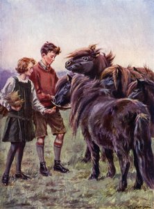 シェトランドポニーに餌をやる男の子と女の子（カラーリソ） 作： William Luker