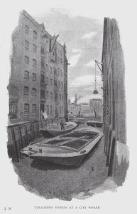 市街地の埠頭で船を降ろす（リトグラフ 作： William Luker