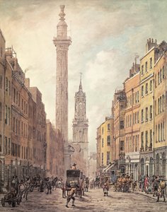 1795年ロンドンのグレイスチャーチストリートからのフィッシュストリートヒル、モニュメント、聖マグナス殉教者の眺め（手塗りの彫刻）