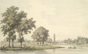 キューの芝生からの湖と島の眺め、1763年 作： William Marlow