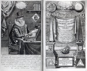 フランシスベーコンの「Instauratio Magna」の前絵とタイトルページ、1640