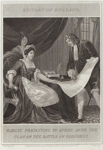 アン女王にブレナムの戦いの計画を提示するハーレー 作： William Marshall Craig