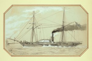 パドル駆動の蒸気軍艦（鉛筆とウォッシュ、白で盛り上げる） 作： William McConnell