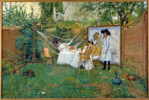 屋外での朝食 1888年頃 庭にいる若い女性、一人はハンモックに乗っている。ウィリアム・メリット・チェイス（1849-1916）による絵画 1888年 トレドミュージアム・オブ・アート 作： William Merritt Chase