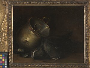 静物 - 真鍮のやかんとナマズ (キャンバスに油彩) 作： William Merritt Chase