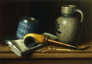 パイプとタバコのある静物、 作： William Michael Harnett