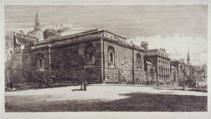 ロンドン市内のニューゲート・ストリートからオールド・ベイリーのニューゲート刑務所を望む（1900年頃 作： William Monk