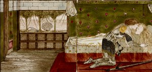 16枚のタイルが8枚のイラストで構成された「ブライヤー・ローズ」の物語は、1862年から1865年にかけて描かれました。アーティスト。ウィリアム・モリス、サー・エドワード・コーリー・バーン＝ジョーンズ。 作： WilliamWilliam Morris, Sir Edward Coley Burne Jones