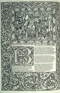 「トロイルスとクリセイデ」のシーン、歴史的なイニシャル「B」、全ページ境界の原稿、1896年 作： William Morris