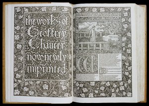 1896年にケルムスコット・プレスから出版された「ジェフリー・チョーサーの作品」のタイトルページと口絵（木版画） 作： William Morris