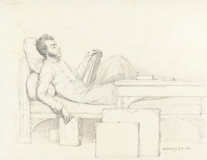 Auto-retrato do artista reclinado em um sofá gótico lendo um livro 作： William Mulready