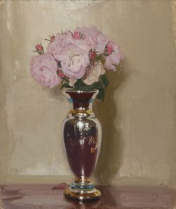 銀色の光沢のある花瓶のピンクのバラ 作： William Nicholson