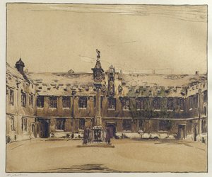 コーパス クリスティ カレッジ、オックスフォードのフロント クワッド (紙にウォッシュを施したペンとインク) 作： William Nicholson