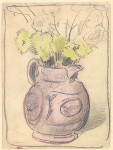 花瓶の花：光沢のある水差しに入った黄色の菊（紙に黒と色のチョーク） 作： William Nicholson