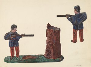 南北戦争の兵士と木の幹の銀行、1937年頃。