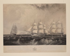 この版画は、東インド船「ヴァーノン号」（Geo.30馬力の蒸気機関を搭載し、1839年9月21日にベンブリッジ[sic, i.Benbridge]沖で海峡を下る74艘のHM船エディンバラとブレナムを追い越した。 作： William Overend Geller