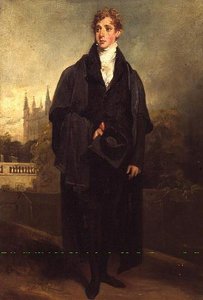 アカデミック・ドレスに身を包んだヘンリー・タウンリー（1769-1825）のポートレート、背景にはオックスフォードのマートン・カレッジが写っていると思われる。