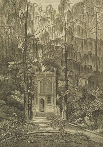 ゴッドフリーによって刻まれたストロベリーヒルの庭園にある礼拝堂の眺め、1784 作： William Pars