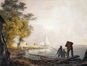 岸辺の船頭とカウズ城（水彩画）