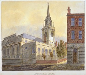 シティ・オブ・ロンドンのギルドホール・ヤードから見たセント・ローレンス・ジューイ教会（1810年）。                                作： William Pearson