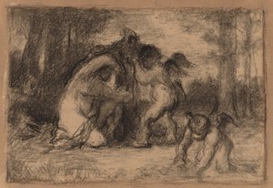 女性の服を脱ぐのを助ける Putti のある樹木が茂った風景 作： William Perkins Babcock