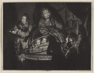 ダービーのジョセフ・ライト（1734-97）の後、太陽系儀で講義を行う哲学者