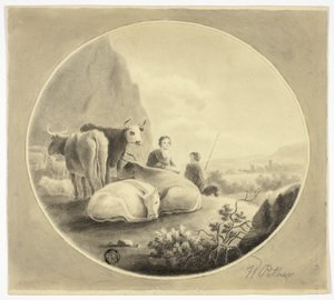 牧畜民、牛と羊の風景 作： William Pether