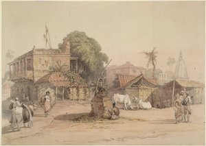 小さな「トゥルシー」祭壇と雄牛を乗せた水運びのある村の風景、インド、1830～40年頃