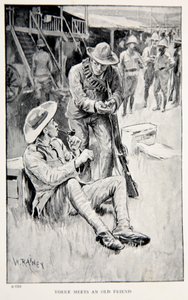 ヨークは昔の友達と出会い、パブのGAヘンティによる「ロバーツとプレトリアへ：南アフリカ戦争の物語」のイラストを紹介します。ロンドン、1902 作： William Rainey