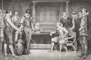 ガイフォークス（1570-1606）は、ジェームズ1世（1566-1625）とキングの寝室にある彼の評議会から、「英語とスコットランドの歴史のイラスト」第1巻から尋問を受けました。