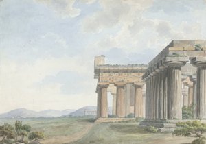 レヴァントのビュー：ペストゥムの寺院遺跡、c.1785（紙と黒鉛の上にペンとインクを備えたトイレ）