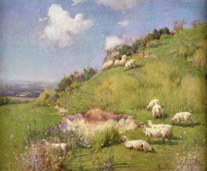 丘の上の羊 (キャンバスに油彩) 作： William Samuel Henry Llewellyn