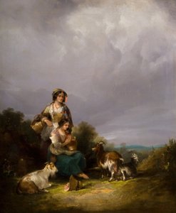 風景の中の二人の若い女性とヤギ 1870年
