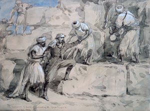 1869年にエジプトの大ピラミッドを昇ったオーストリアの皇帝。 作： William Crimea Simpson