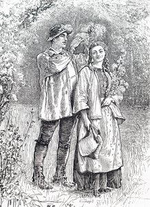 メイ・クイーンが恋人にサンザシの花輪を戴く様子。イギリスのイラストレーター、ウィリアム・スモール（1843-1929）によるもの。 作： William Small