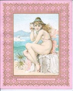 貝殻を耳に当てたビーチでの水着美女のビクトリア朝の年賀状、1881年頃